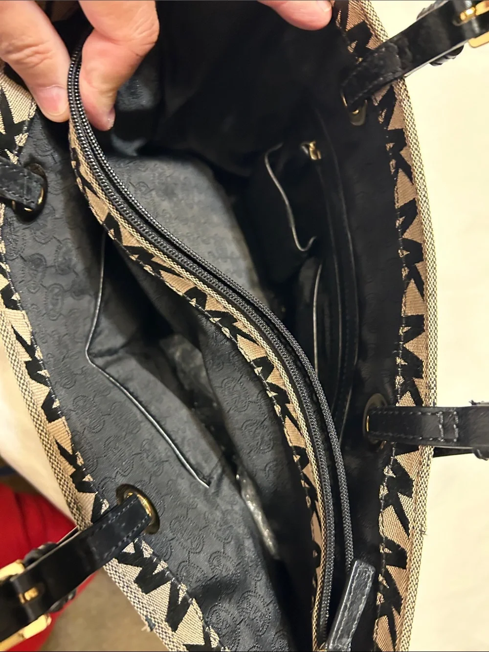 Michael Kors Black and Tan MK Logo Tote with Gold Hardware